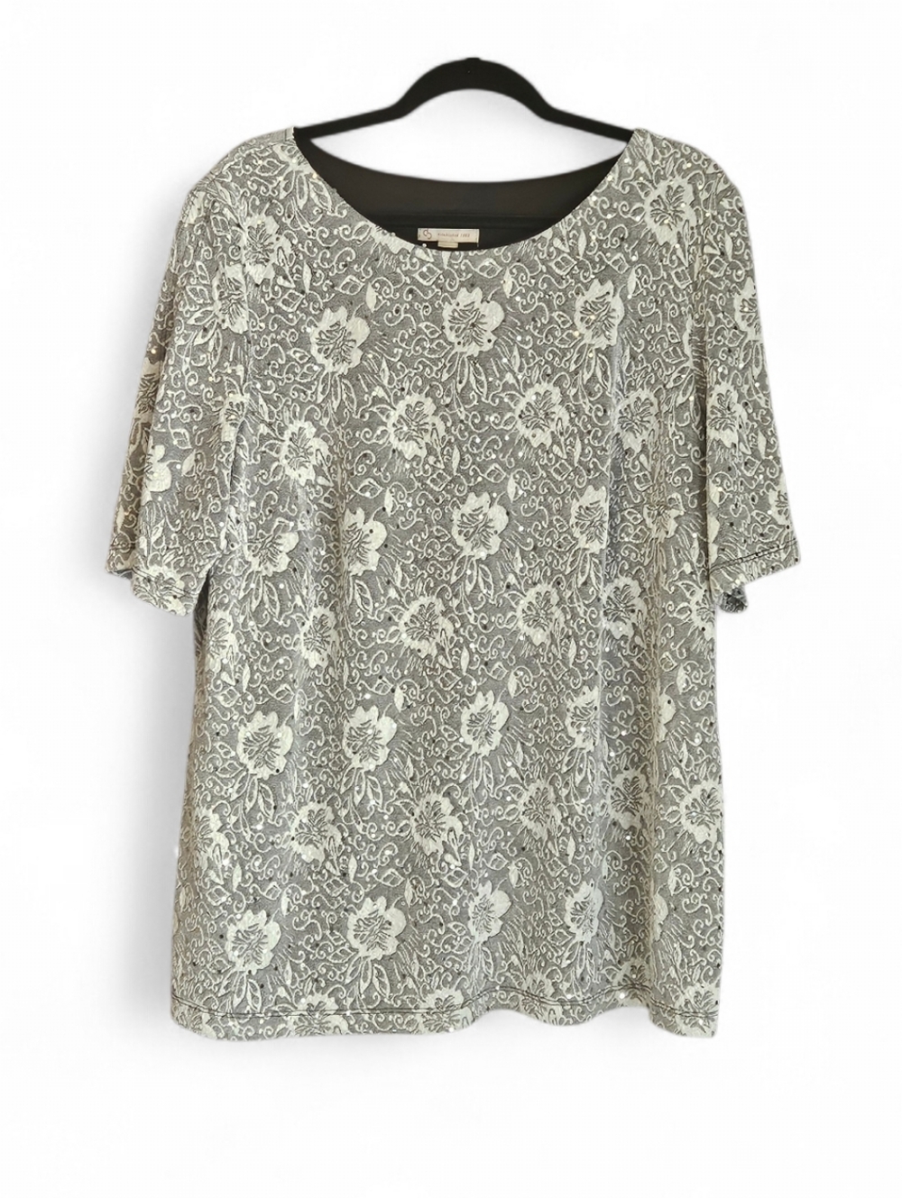 db established 1962 Metallic Silver Floral Lace Sequin Cold Shoulder Blouse 3X